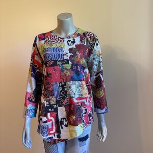 Inoah Women's 3/4 Abtract Hi-Low Top Patchwork Aztec Boho Hippie Size Small Y2K